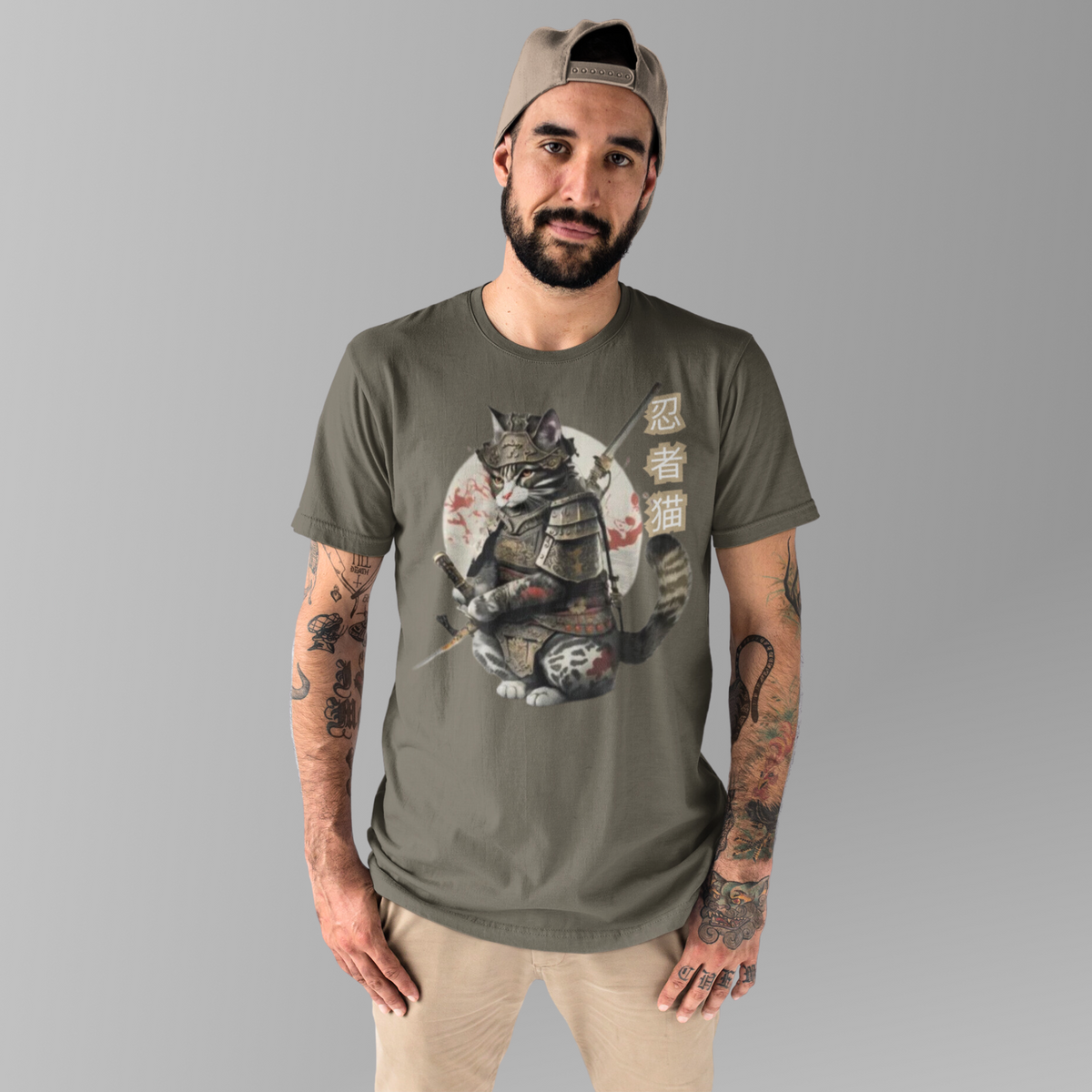 Army Color- Tokio Japan,  Samurai cat tee,  Samurai Cat, Tattoo Style Shirt,  Samurai cat,  Samurai,  Ninja, Samurai Kitten,  Ninja cat tshirt,  Ninja Cat,  kawaii,  Japanese Kawaii, Ninja Cat T-Shirt,  Japanese Calligraphy,  gift for him,  gift for her,  gift for cat lover,  Cat Lover T-Shirt