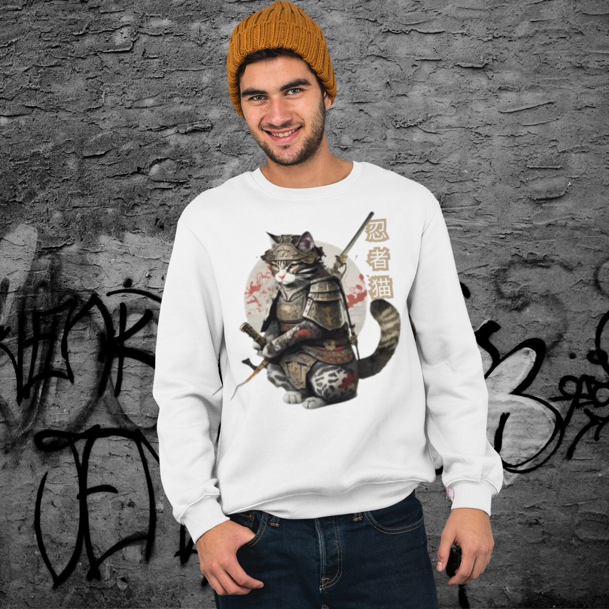 White- Japanese Kawaii Samurai Sweatshirt, Tokio Japan,  Samurai cat sweatshirt,  Samurai Cat, Tattoo Style sweatshirt,  Samurai cat,  Samurai,  Ninja, Samurai Kitten,  Ninja cat sweatshirt,  Ninja Cat,  kawaii,  Japanese Kawaii, Ninja Cat sweatshirt,  Japanese Calligraphy,  gift for him,  gift for her,  gift for cat lover,  Cat Lover sweatshirt, sweatshirt