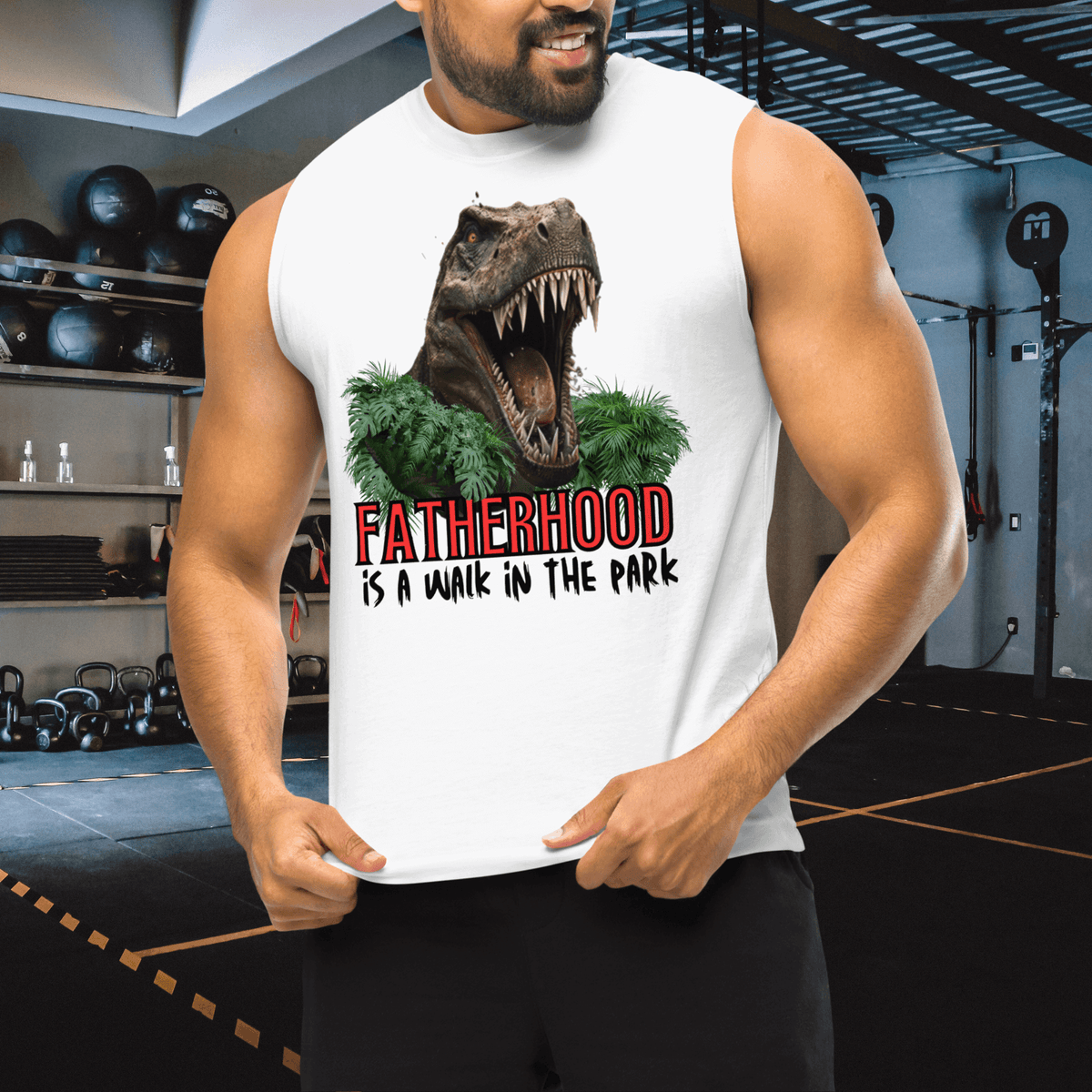 muscle shirt, dinosaur, fatherhood, parenting, family, dad life, sleeveless tee, graphic design, father's day, dad gift, comfortable, unique slogan, casual wear, prehistoric, adventure, fun, dad pride, stylish, soft fabric, conversation starter, fatherhood is a walk in the park tee