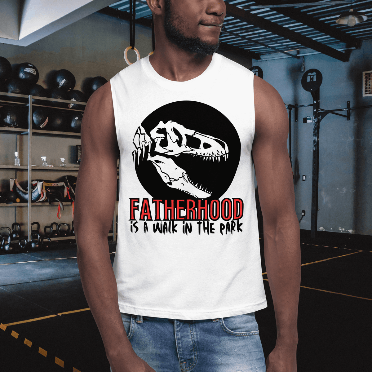 muscle shirt, dinosaur, fatherhood, parenting, family, dad life, sleeveless tee, graphic design, father's day, dad gift, comfortable, unique slogan, casual wear, prehistoric, adventure, fun, dad pride, stylish, soft fabric, conversation starter, fatherhood is a walk in the park tee