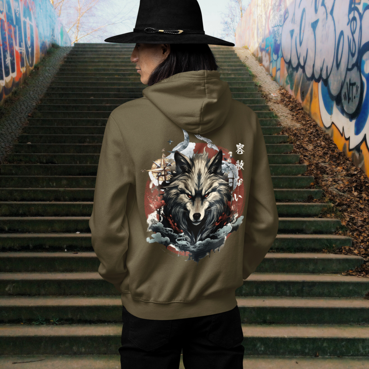 Japanese Wolf Hoodie, Cultural Artistry, Folklore Inspired, Nature and Myth, Compass Design, Symbolic Apparel, Adventure Theme, Ancient Wisdom, Navigational Art, Mythical Creatures, Tradition and Style, Artistic Hoodie, Storytelling Fashion, Heritage Fusion, Wolf Spirit, Contemporary Symbolism, Exploration Vibes, Cultural Fusion, Intricate Prints, Statement Outerwear