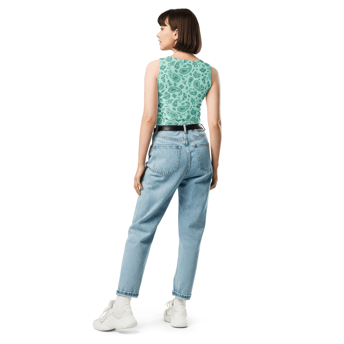 Handkerchief Print, Boho Chic, Crop Top Style, Unique Design, Trendy Fashion, Statement Piece, Versatile Crop, Fashion Forward, Eye-Catching Print, Effortless Elegance