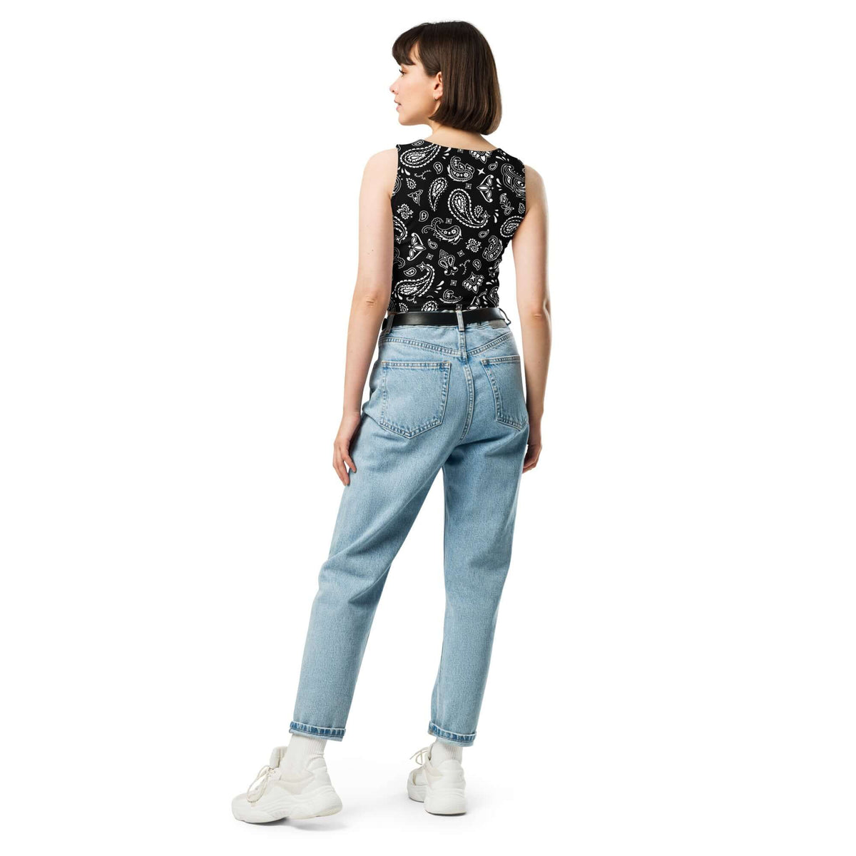 Handkerchief Print, Boho Chic, Crop Top Style, Unique Design, Trendy Fashion, Statement Piece, Versatile Crop, Fashion Forward, Eye-Catching Print, Effortless Elegance