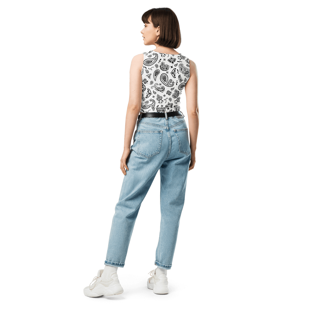 Handkerchief Print, Boho Chic, Crop Top Style, Unique Design, Trendy Fashion, Statement Piece, Versatile Crop, Fashion Forward, Eye-Catching Print, Effortless Elegance