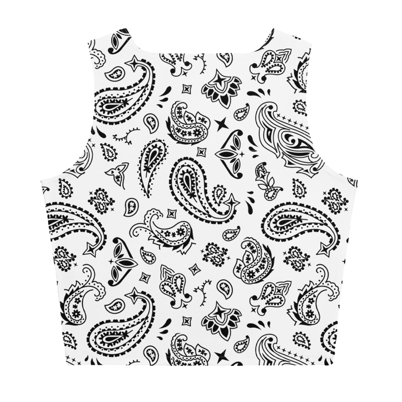 Handkerchief Print, Boho Chic, Crop Top Style, Unique Design, Trendy Fashion, Statement Piece, Versatile Crop, Fashion Forward, Eye-Catching Print, Effortless Elegance