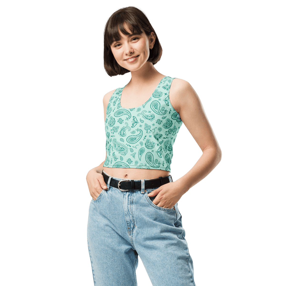 Handkerchief Print, Boho Chic, Crop Top Style, Unique Design, Trendy Fashion, Statement Piece, Versatile Crop, Fashion Forward, Eye-Catching Print, Effortless Elegance