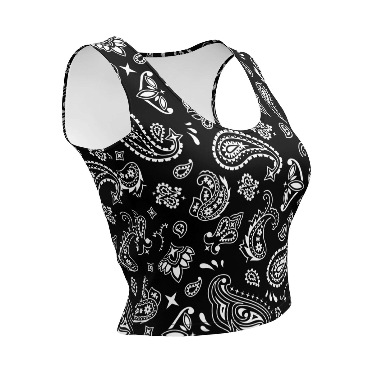 Handkerchief Print, Boho Chic, Crop Top Style, Unique Design, Trendy Fashion, Statement Piece, Versatile Crop, Fashion Forward, Eye-Catching Print, Effortless Elegance