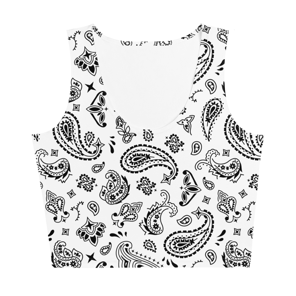 Handkerchief Print, Boho Chic, Crop Top Style, Unique Design, Trendy Fashion, Statement Piece, Versatile Crop, Fashion Forward, Eye-Catching Print, Effortless Elegance