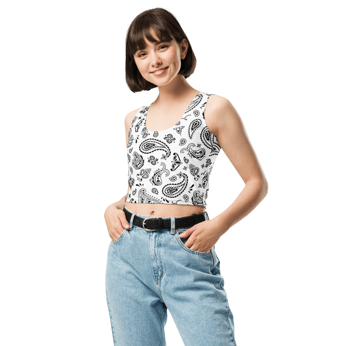 Handkerchief Print, Boho Chic, Crop Top Style, Unique Design, Trendy Fashion, Statement Piece, Versatile Crop, Fashion Forward, Eye-Catching Print, Effortless Elegance