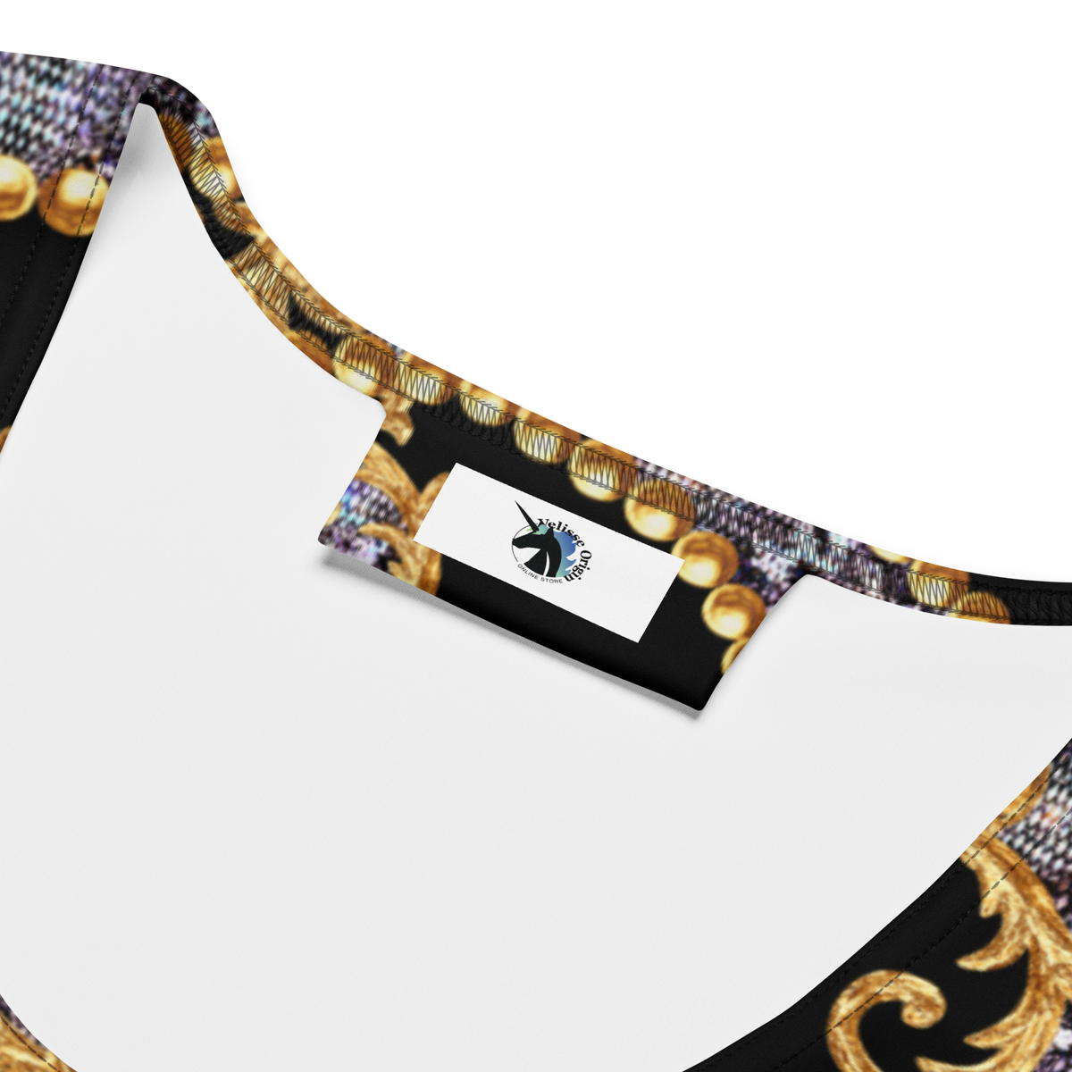 Black and Gold Elegance, Glamorous Crop Top, Chic Fashion, Indelible Style, Enchanting Radiance, Figure-Flattering Design, Impeccable Craftsmanship, Confidence Booster, Grace and Allure, Rich Black Hue, Lustrous Gold Embellishments, Harmonious Fusion, Power and Beauty, Sensational Style, Wardrobe Essential, Fashion Game Elevated, Magical Allure, Elegant Panache, Must-Have Addition, Dazzling Heights
