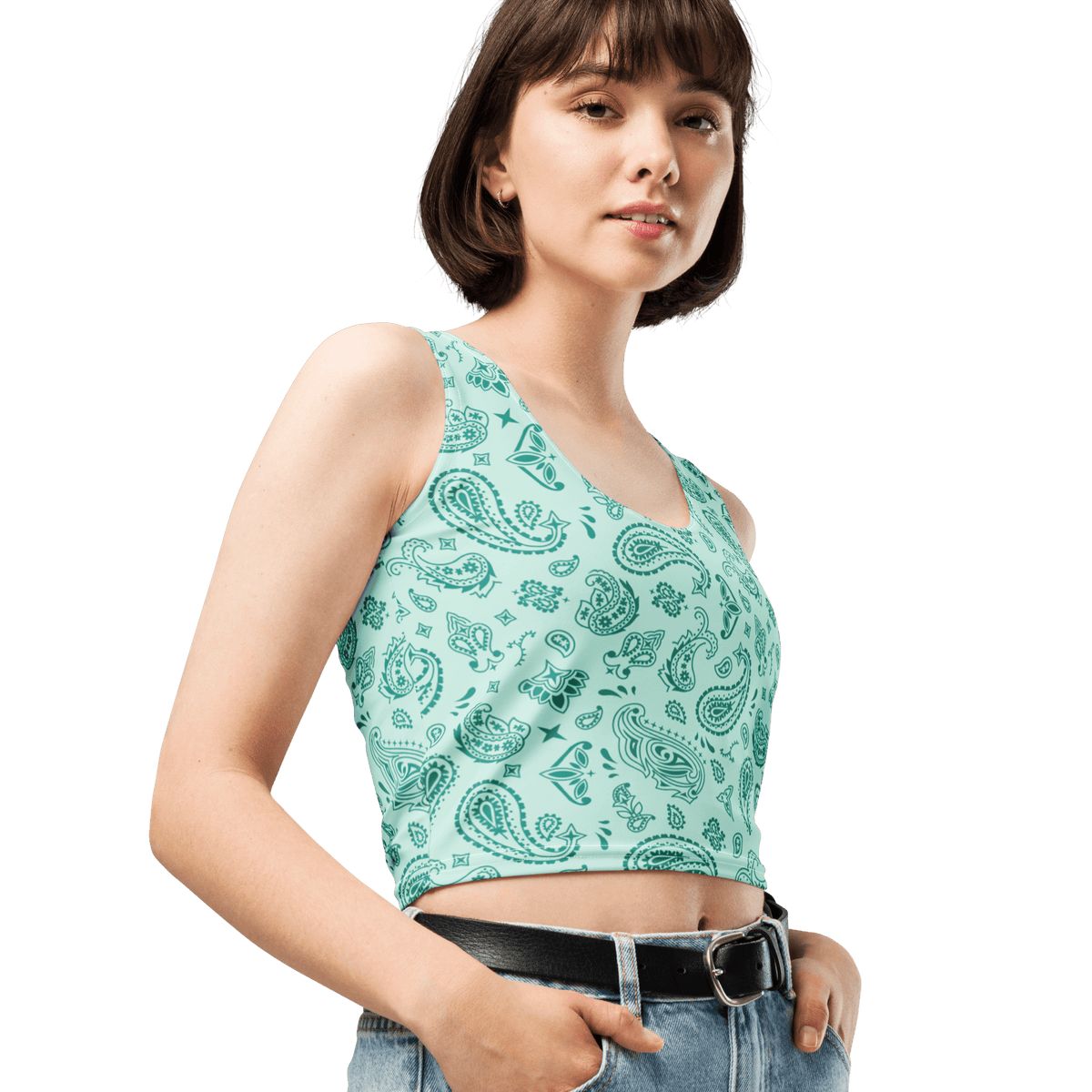 Handkerchief Print, Boho Chic, Crop Top Style, Unique Design, Trendy Fashion, Statement Piece, Versatile Crop, Fashion Forward, Eye-Catching Print, Effortless Elegance