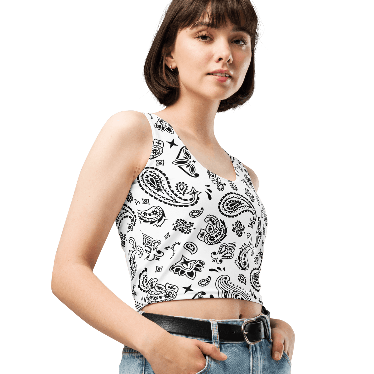 Handkerchief Print, Boho Chic, Crop Top Style, Unique Design, Trendy Fashion, Statement Piece, Versatile Crop, Fashion Forward, Eye-Catching Print, Effortless Elegance