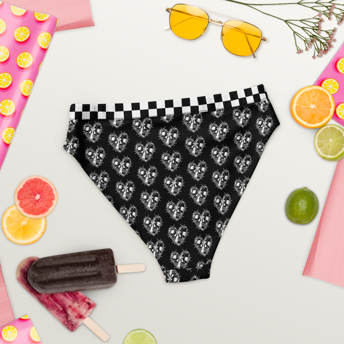 Black, Bikini Top, Skulls, Heart, Print, Edgy, Romance, Beachwear, Poolside, Unique, Statement Piece, high-waisted bikini bottom, bikini bottom