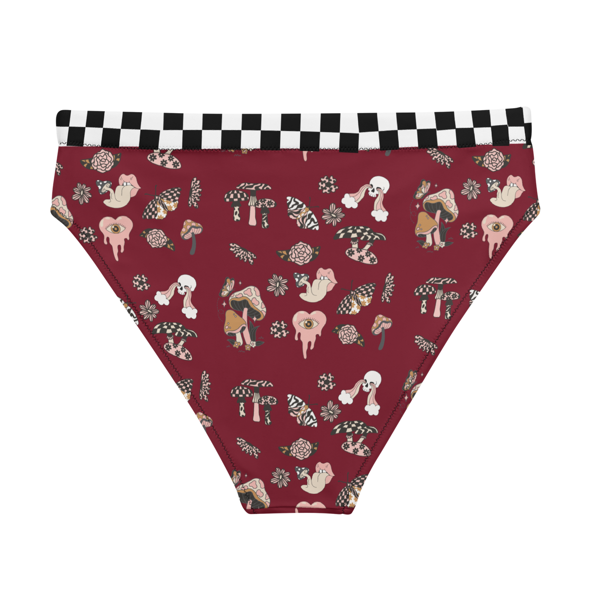 Burgundy, Bikini Top, Fungi Print, Pink, Swimwear, Beachwear, Poolside, Women's Fashion, Summer Style, Whimsical, Playful, Vibrant, Unique, Statement Piece, Floral Print, Nature Inspired, Trendy, Chic, Fashionable, high-waisted bikini bottom, bikini bottom