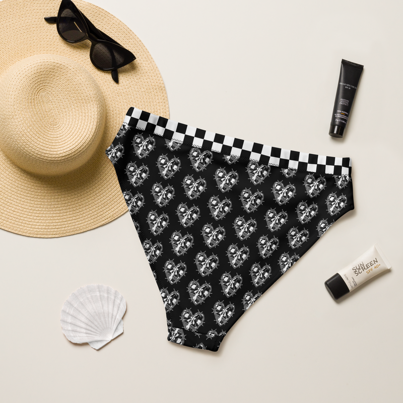 Black, Bikini Top, Skulls, Heart, Print, Edgy, Romance, Beachwear, Poolside, Unique, Statement Piece, high-waisted bikini bottom, bikini bottom