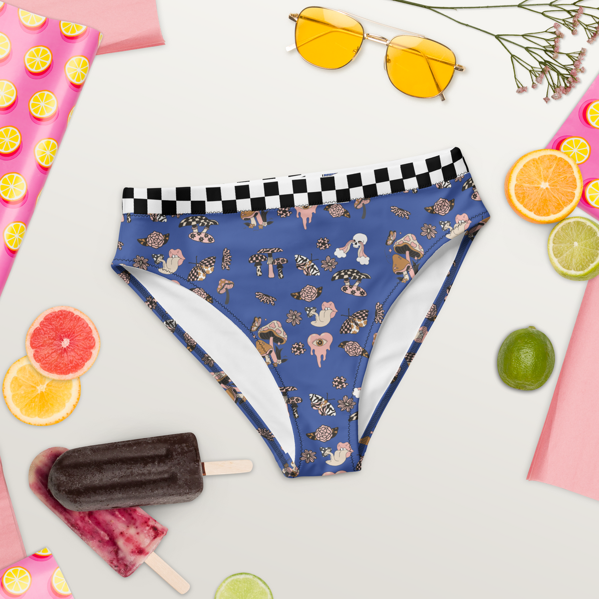 Burgundy, Bikini Top, Fungi Print, Pink, Swimwear, Beachwear, Poolside, Women's Fashion, Summer Style, Whimsical, Playful, Vibrant, Unique, Statement Piece, Floral Print, Nature Inspired, Trendy, Chic, Fashionable, high-waisted bikini bottom, bikini bottom