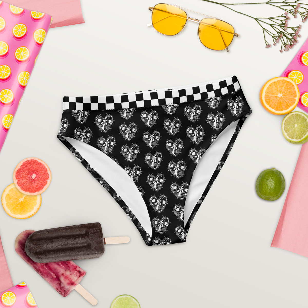 Black, Bikini Top, Skulls, Heart, Print, Edgy, Romance, Beachwear, Poolside, Unique, Statement Piece, high-waisted bikini bottom, bikini bottom