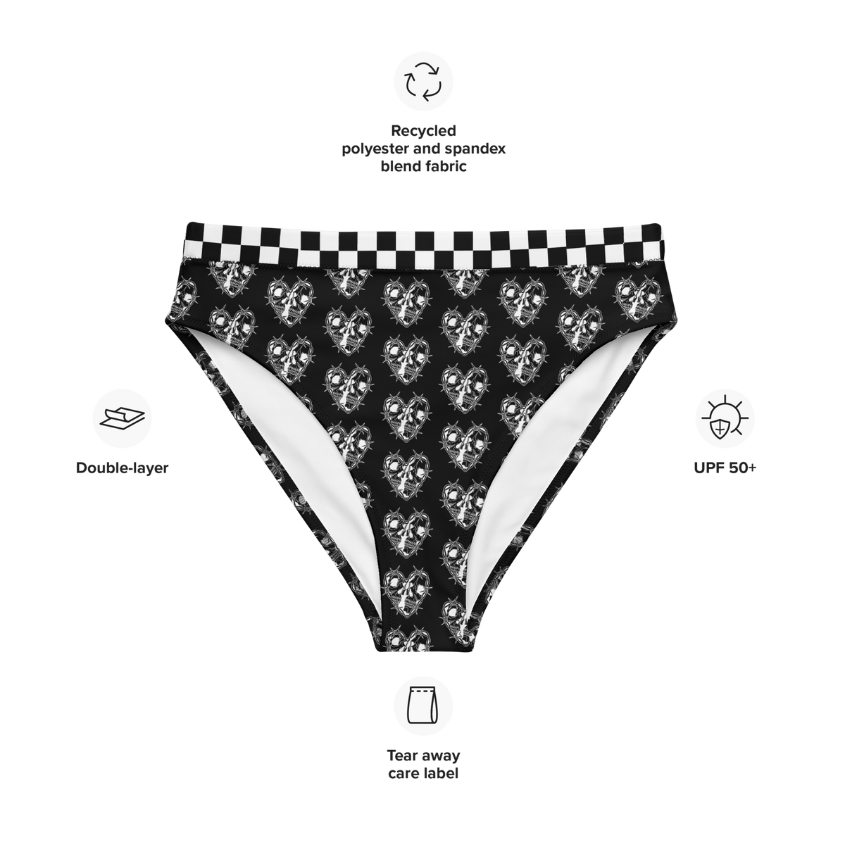 Black, Bikini Top, Skulls, Heart, Print, Edgy, Romance, Beachwear, Poolside, Unique, Statement Piece, high-waisted bikini bottom, bikini bottom