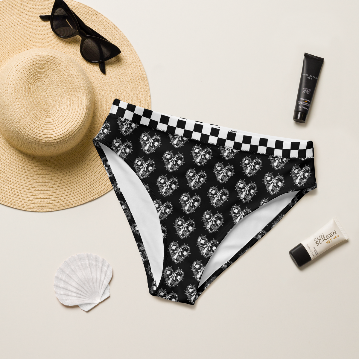 Black, Bikini Top, Skulls, Heart, Print, Edgy, Romance, Beachwear, Poolside, Unique, Statement Piece, high-waisted bikini bottom, bikini bottom