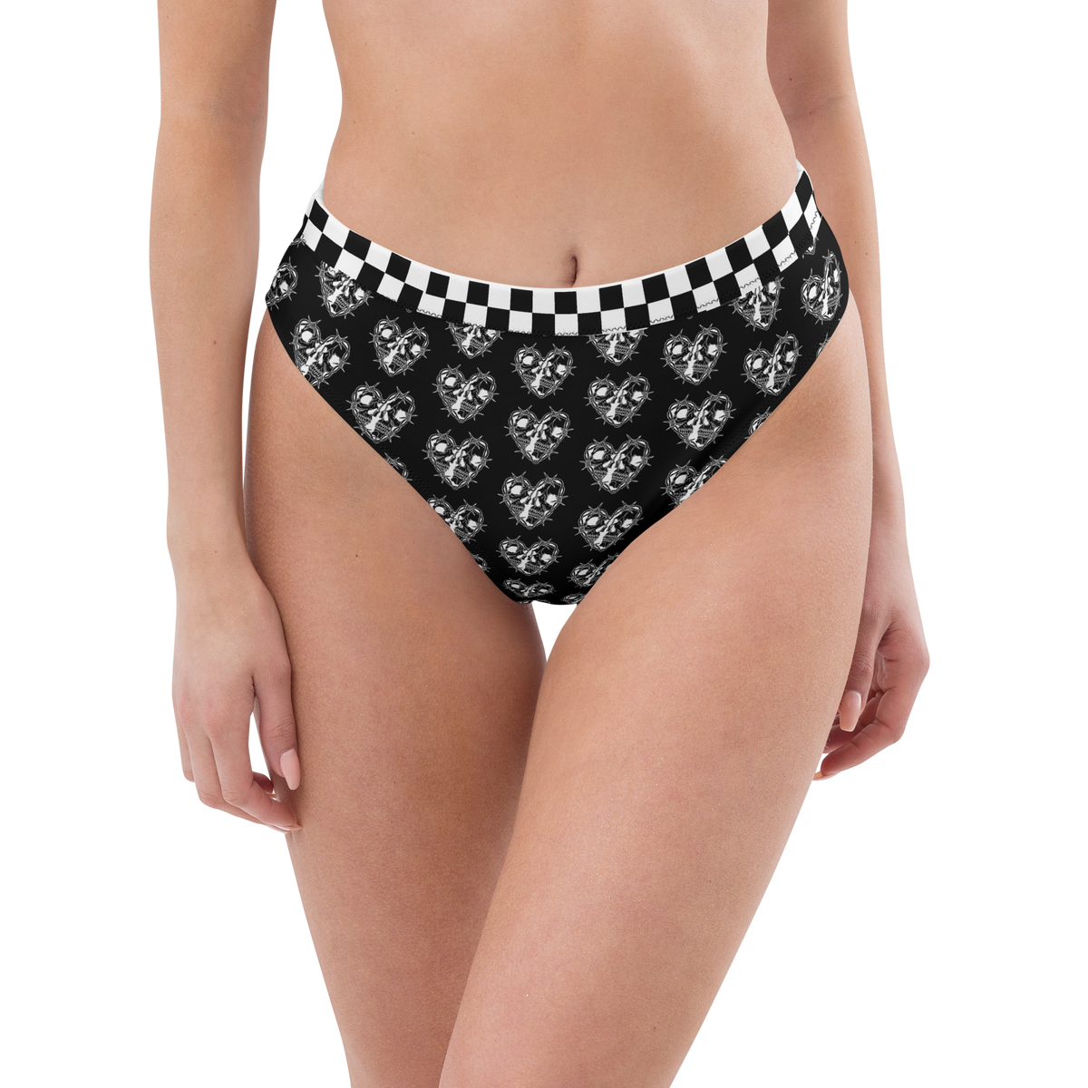 Black, Bikini Top, Skulls, Heart, Print, Edgy, Romance, Beachwear, Poolside, Unique, Statement Piece, high-waisted bikini bottom, bikini bottom