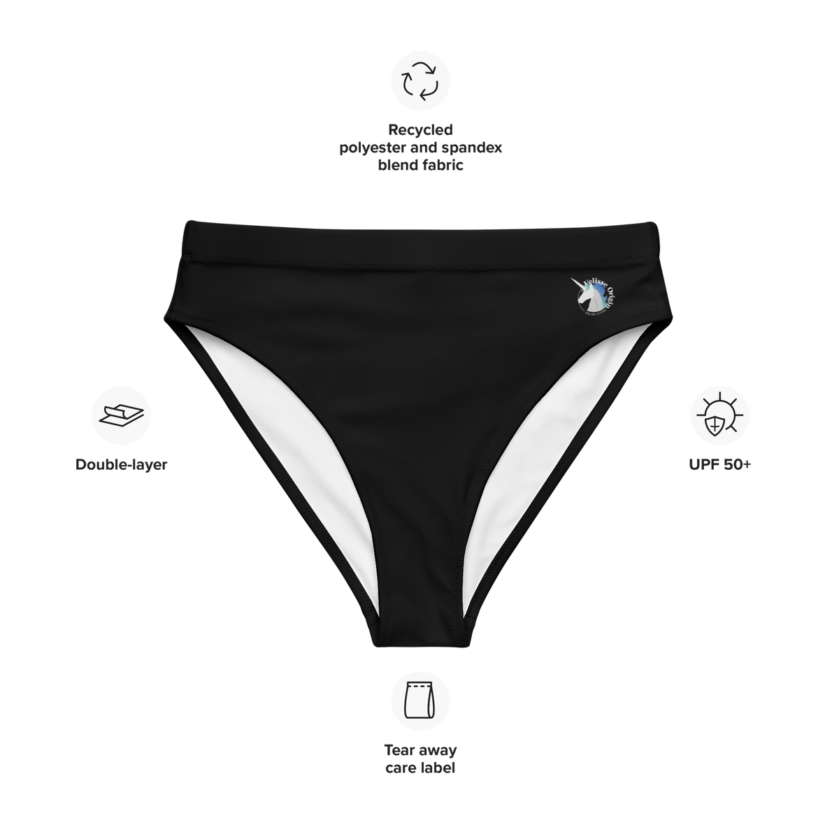 Velisse Origin bikini bottom, high-waisted bikini bottom, black bikini bottom, unicorn, simple bikini