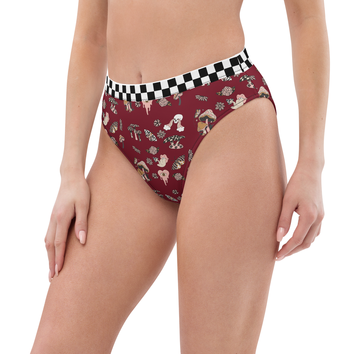 Burgundy, Bikini Top, Fungi Print, Pink, Swimwear, Beachwear, Poolside, Women's Fashion, Summer Style, Whimsical, Playful, Vibrant, Unique, Statement Piece, Floral Print, Nature Inspired, Trendy, Chic, Fashionable, high-waisted bikini bottom, bikini bottom