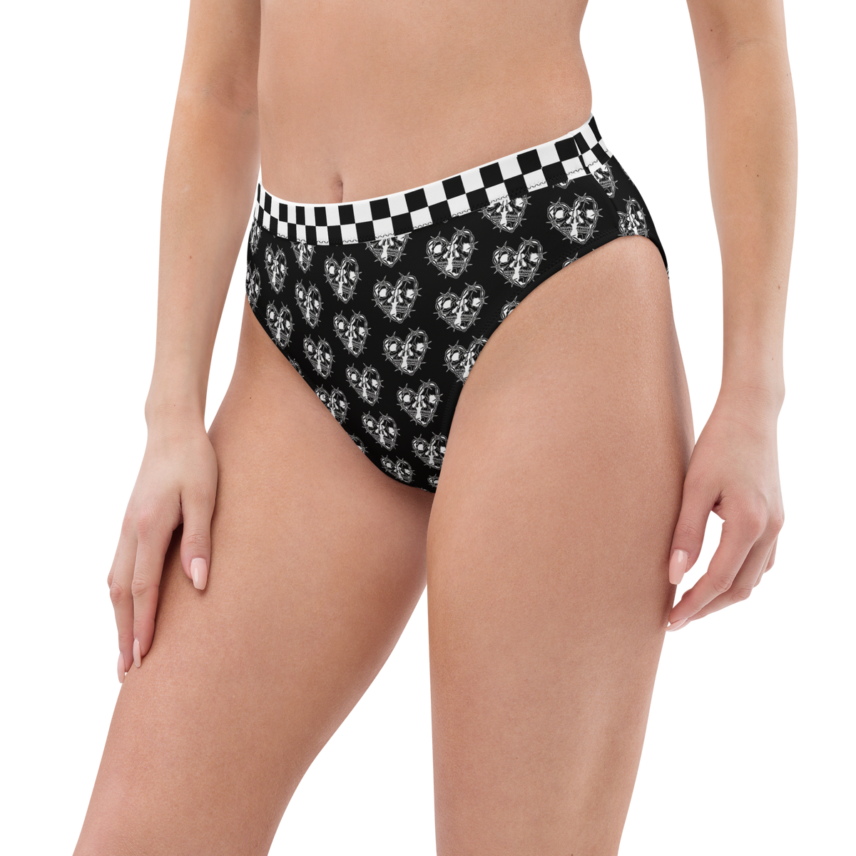 Black, Bikini Top, Skulls, Heart, Print, Edgy, Romance, Beachwear, Poolside, Unique, Statement Piece, high-waisted bikini bottom, bikini bottom