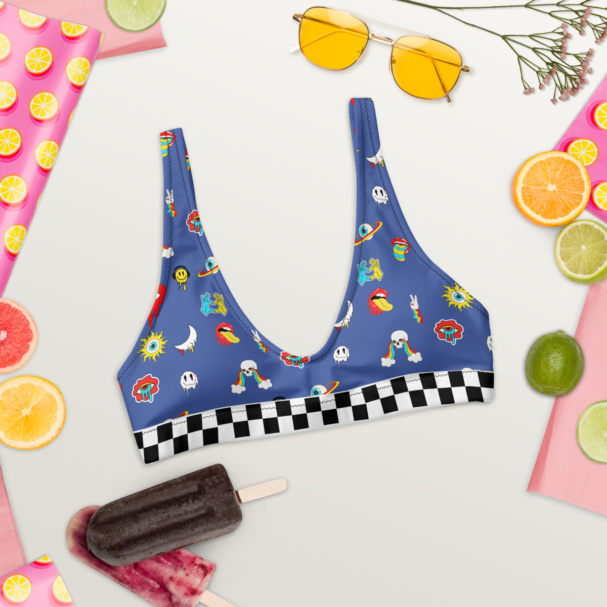  Blue, Bikini Top, All Over Print, Psychedelic, Skulls, Rainbow Eyes, Mouth, Tongue Out, Rainbow Circles, Moons, Rainbow Drops, Smiley Faces, Headphones