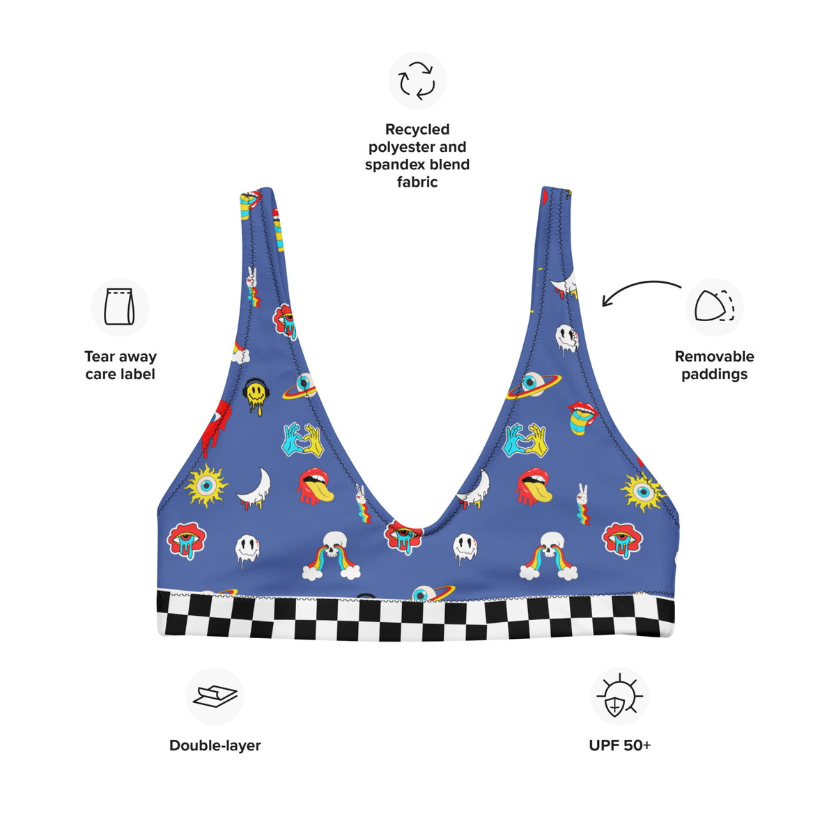  Blue, Bikini Top, All Over Print, Psychedelic, Skulls, Rainbow Eyes, Mouth, Tongue Out, Rainbow Circles, Moons, Rainbow Drops, Smiley Faces, Headphones