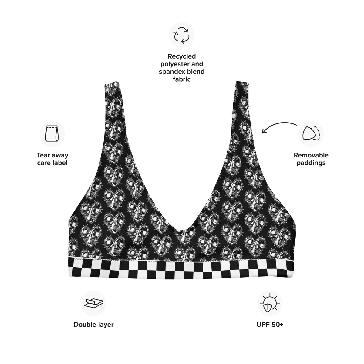 Black, Bikini Top, Skulls, Heart, Print, Edgy, Romance, Beachwear, Poolside, Unique, Statement Piece
