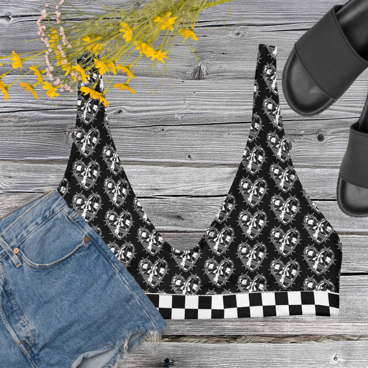Black, Bikini Top, Skulls, Heart, Print, Edgy, Romance, Beachwear, Poolside, Unique, Statement Piece