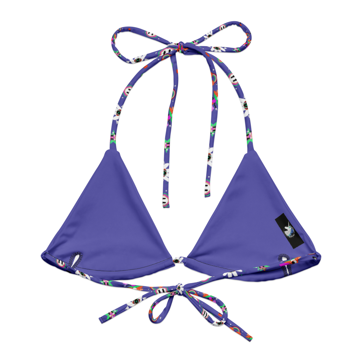 Whimsy Wonderland String Bikini Top, Swimwear, Women's Swimwear, Bikini, String Bikini, Colorful Prints, Fun Swimwear, Slate Blue, Whimsical Design, Summer Fashion, Beachwear, Poolside Style, Adjustable Fit, Unique Swimwear, Vibrant Bikini, Cartoon Prints, Bold Swimwear, Vacation Essentials