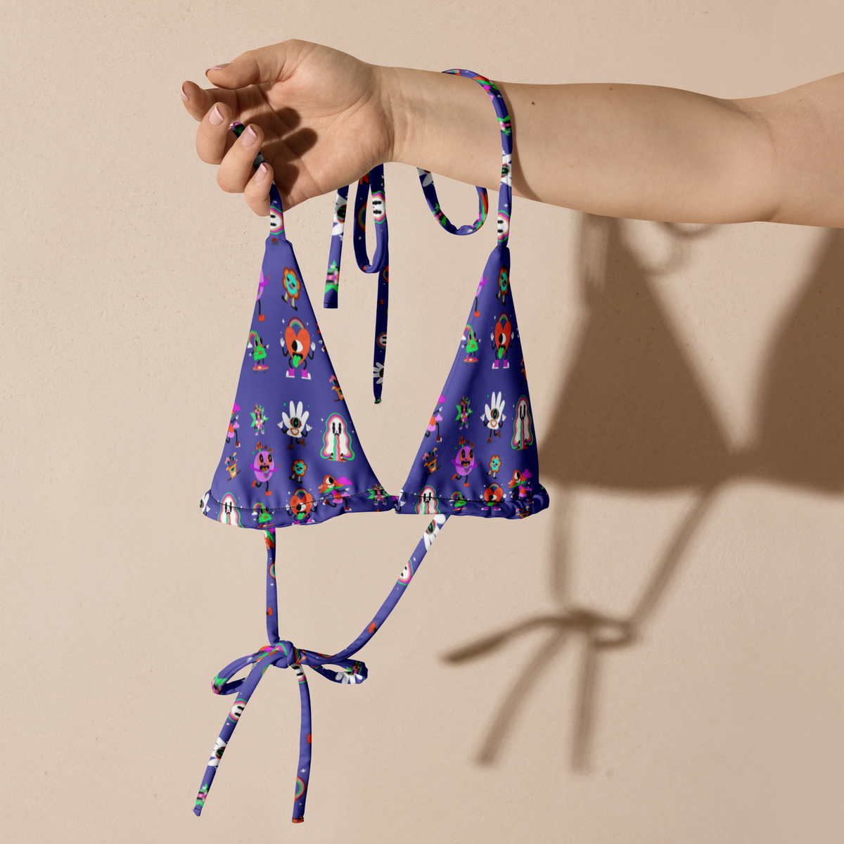 Whimsy Wonderland String Bikini Top, Swimwear, Women's Swimwear, Bikini, String Bikini, Colorful Prints, Fun Swimwear, Slate Blue, Whimsical Design, Summer Fashion, Beachwear, Poolside Style, Adjustable Fit, Unique Swimwear, Vibrant Bikini, Cartoon Prints, Bold Swimwear, Vacation Essentials