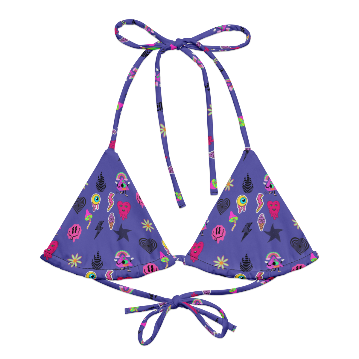 Electric Dream String Bikini Top, Swimwear, Women's Swimwear, Bikini, String Bikini, Slate Blue, Vibrant Prints, Fun Swimwear, Bold Colors, Playful Design, Summer Fashion, Beachwear, Poolside Style, Adjustable Fit, Unique Swimwear, Eye-Catching Bikini, Cartoon Prints, Trendy Swimwear, Vacation Essentials