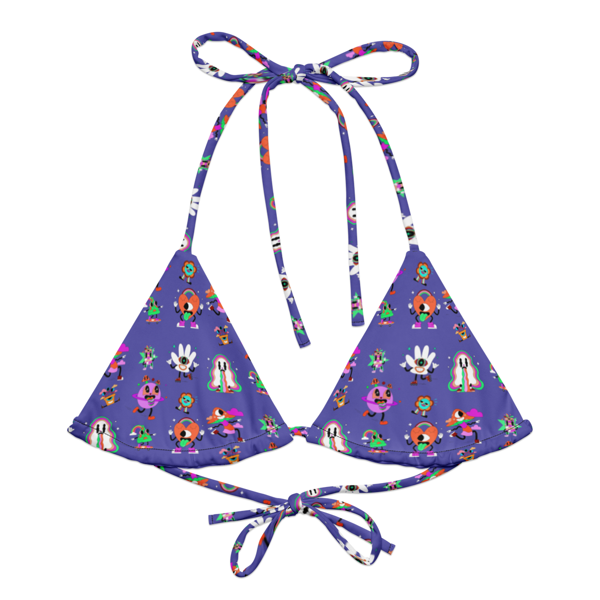 Whimsy Wonderland String Bikini Top, Swimwear, Women's Swimwear, Bikini, String Bikini, Colorful Prints, Fun Swimwear, Slate Blue, Whimsical Design, Summer Fashion, Beachwear, Poolside Style, Adjustable Fit, Unique Swimwear, Vibrant Bikini, Cartoon Prints, Bold Swimwear, Vacation Essentials