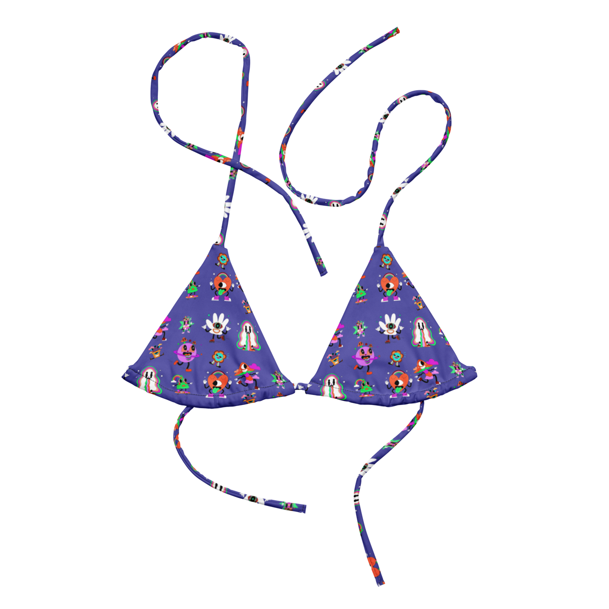 Whimsy Wonderland String Bikini Top, Swimwear, Women's Swimwear, Bikini, String Bikini, Colorful Prints, Fun Swimwear, Slate Blue, Whimsical Design, Summer Fashion, Beachwear, Poolside Style, Adjustable Fit, Unique Swimwear, Vibrant Bikini, Cartoon Prints, Bold Swimwear, Vacation Essentials