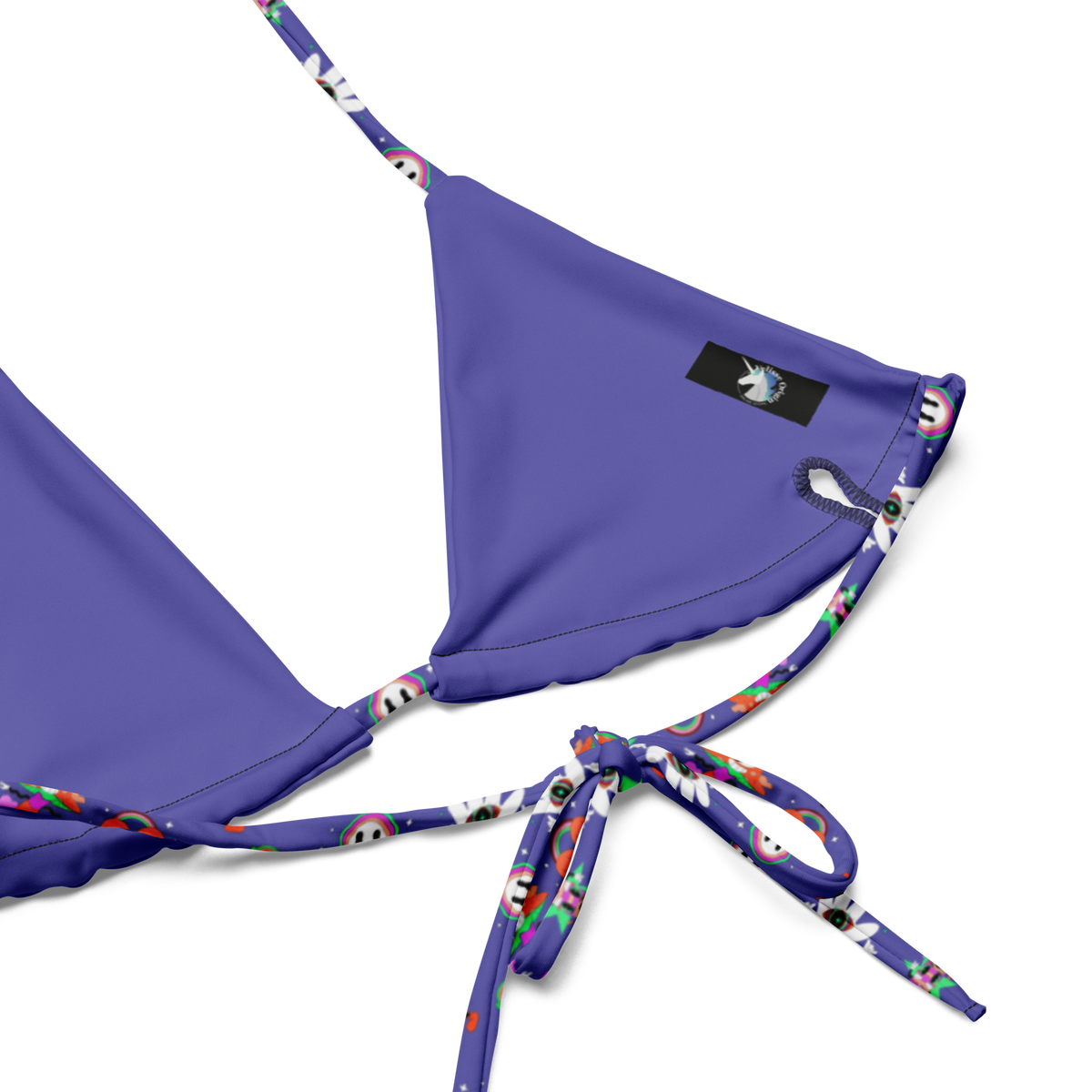 Whimsy Wonderland String Bikini Top, Swimwear, Women's Swimwear, Bikini, String Bikini, Colorful Prints, Fun Swimwear, Slate Blue, Whimsical Design, Summer Fashion, Beachwear, Poolside Style, Adjustable Fit, Unique Swimwear, Vibrant Bikini, Cartoon Prints, Bold Swimwear, Vacation Essentials
