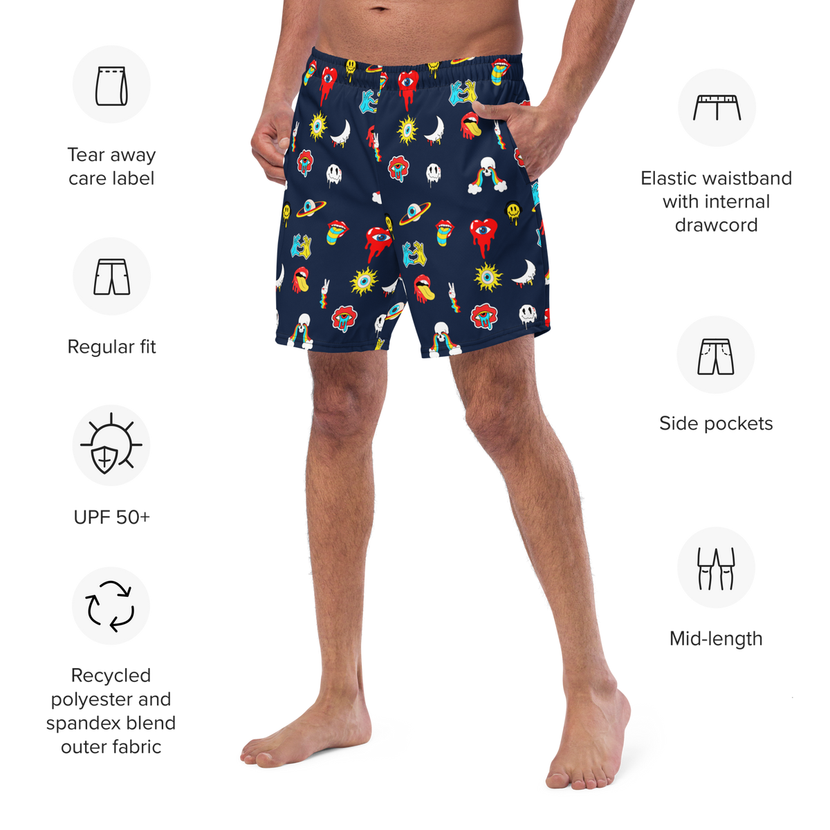 Navy, Psychedelic, Men's Swim Trunks, Swimwear, Beachwear, Summer, Activewear, Colorful, Fashion, Trendy, Vacation, Pool, Quick-Dry, Comfortable, Stylish, Lightweight, Fun
