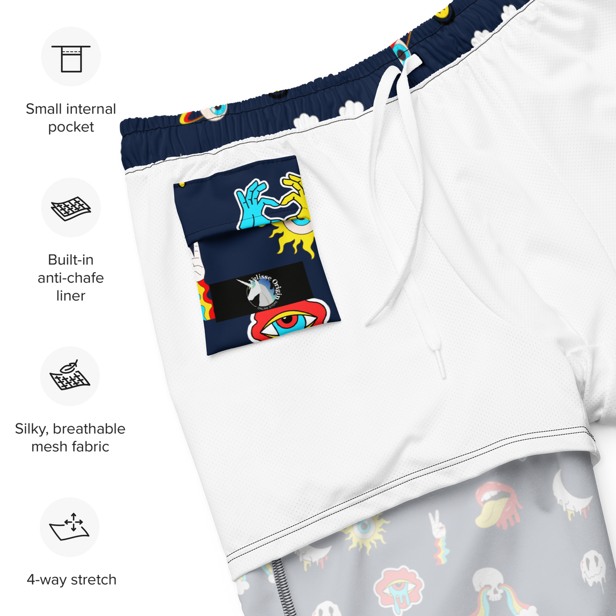 Navy, Psychedelic, Men's Swim Trunks, Swimwear, Beachwear, Summer, Activewear, Colorful, Fashion, Trendy, Vacation, Pool, Quick-Dry, Comfortable, Stylish, Lightweight, Fun