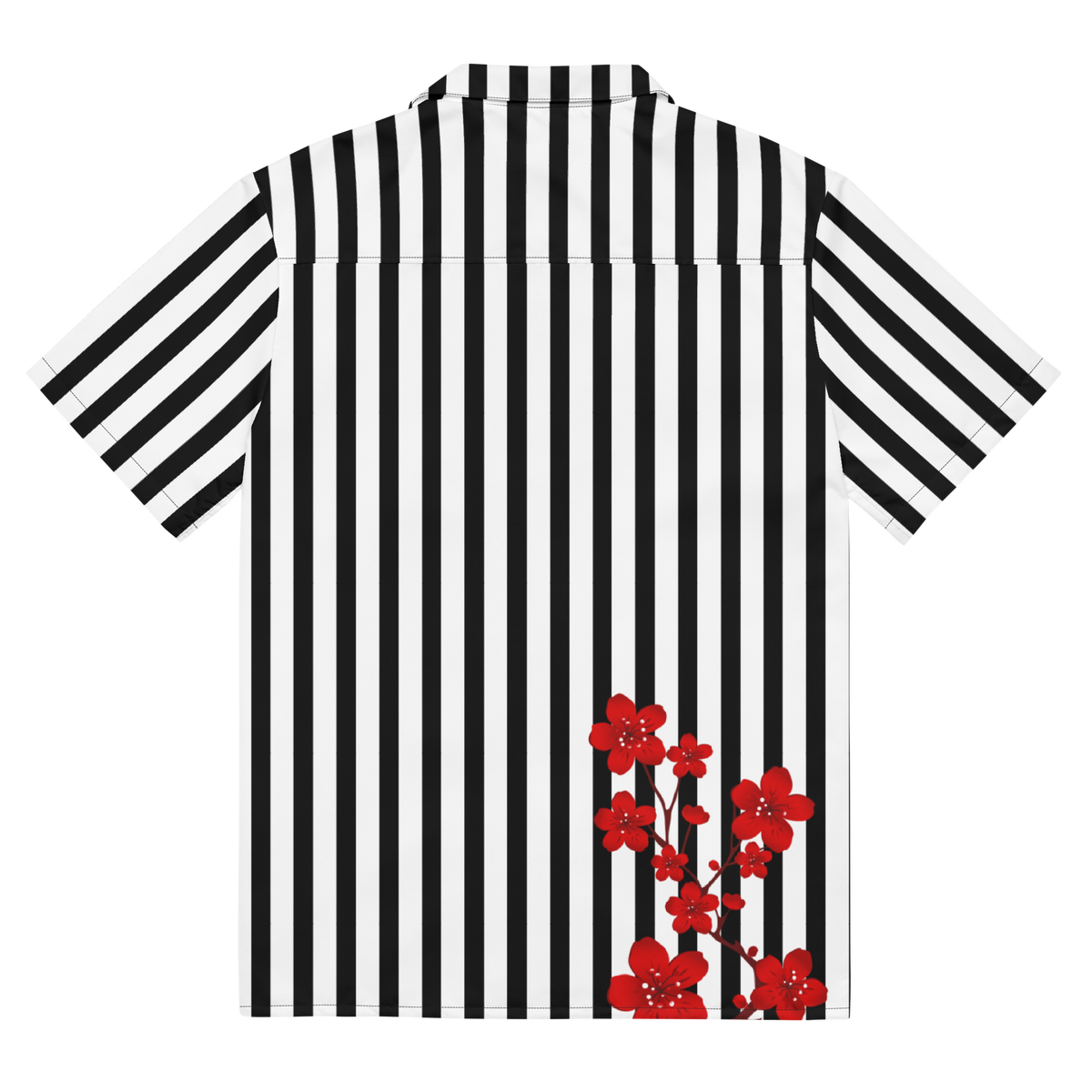 Black and White Stripes, Oversized Button Shirt, Blossom Print, Japan, Japanese Calligraphy, Fashion, Style, Versatile, Cultural, Heritage, Trendy, Classic, Elegance, Nature-inspired, Statement Piece, Unique, Fashionable, Modern, Traditional, Artistry, button up shirt