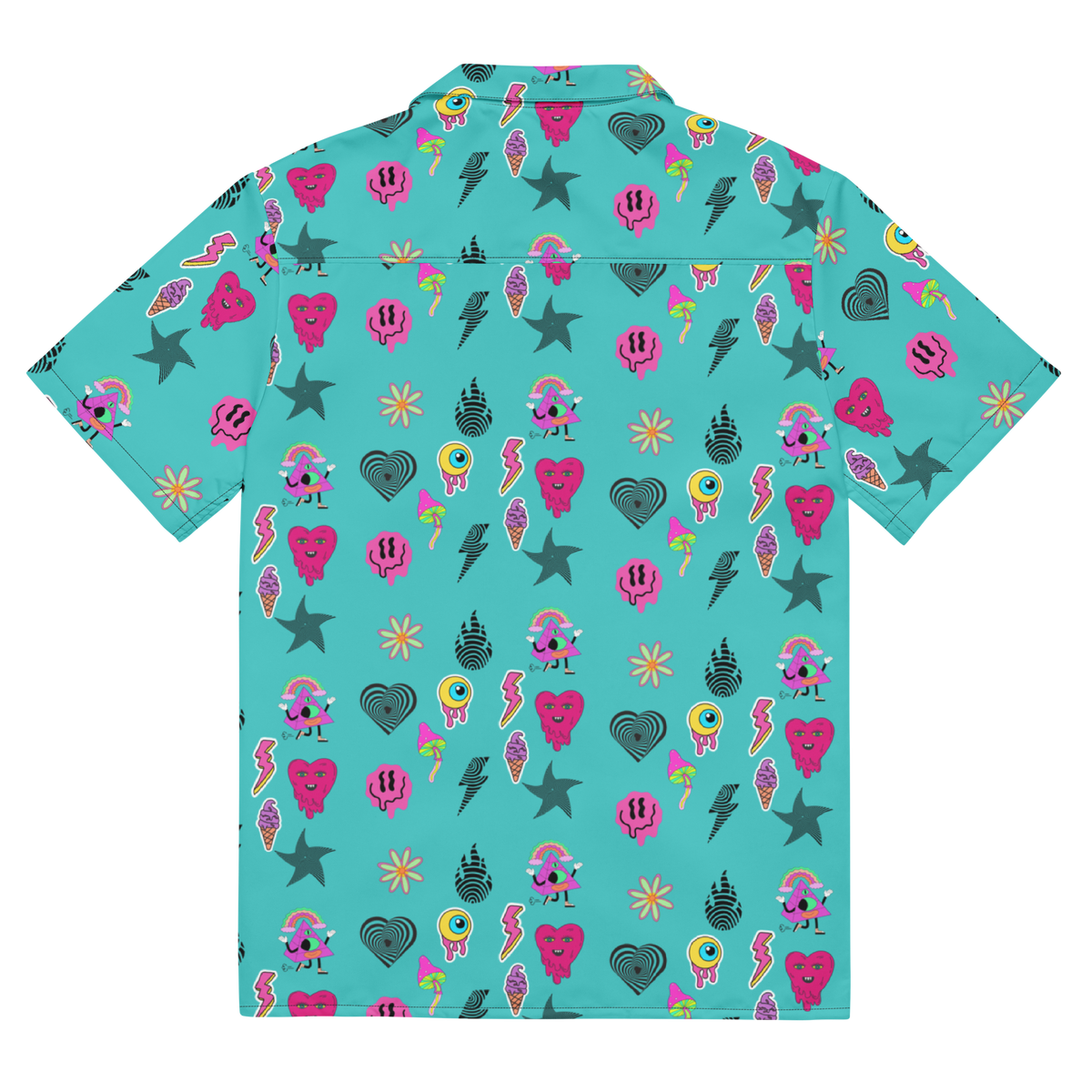 Turquoise Shirt, Oversized Button Shirt, Hot Pink Prints, Melting Hearts, Melting Smiley Faces, Melting Eyes, Psychedelic Vibes, Vibrant Fashion, Statement Piece, Unique Style, Bold Colors, Eye-catching Design, Psychedelic Print, Fashionable Shirt, Trendy Apparel, Expressive Fashion, Colorful Clothing, Stand Out Style, button up shirt