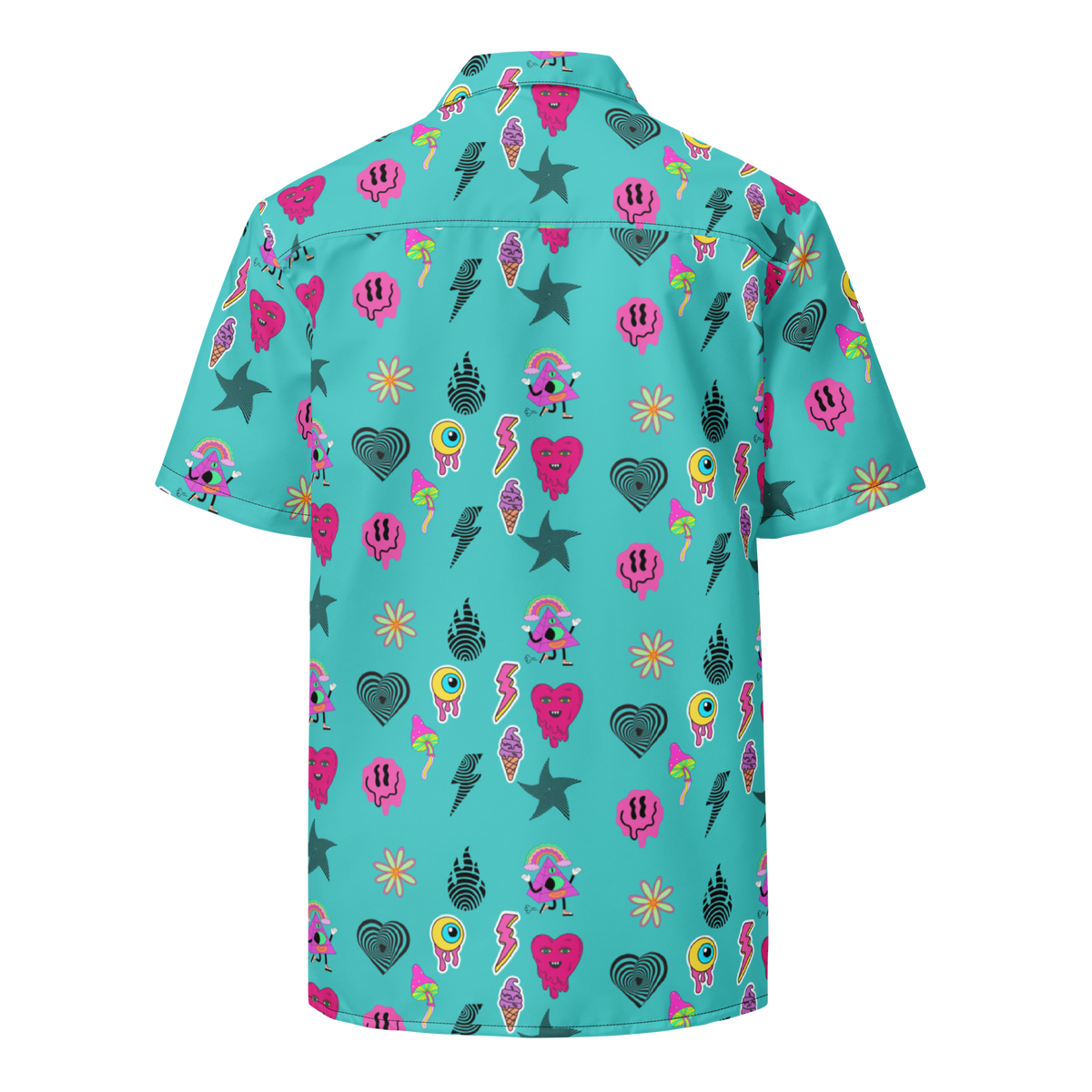 Turquoise Shirt, Oversized Button Shirt, Hot Pink Prints, Melting Hearts, Melting Smiley Faces, Melting Eyes, Psychedelic Vibes, Vibrant Fashion, Statement Piece, Unique Style, Bold Colors, Eye-catching Design, Psychedelic Print, Fashionable Shirt, Trendy Apparel, Expressive Fashion, Colorful Clothing, Stand Out Style, button up shirt