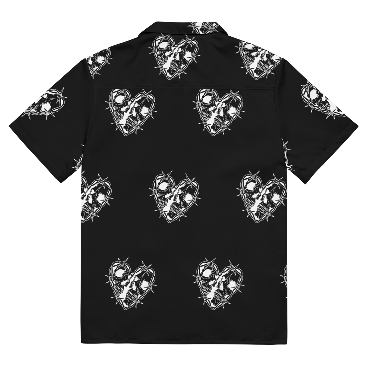 Rebellious Romance, Oversized Button Shirt, Skull Print, Heart with Spines, Edgy Fashion, Romantic Style, Statement Piece, Bold Print, Urban Flair, Trendy Apparel, Unique Design, Streetwear, Fashion Forward, Skull Fashion, Heart Print Shirt, Edgy Romance, Contemporary Fashion, Eye-catching Shirt, Street Style, Urban Chic, button up shirt
