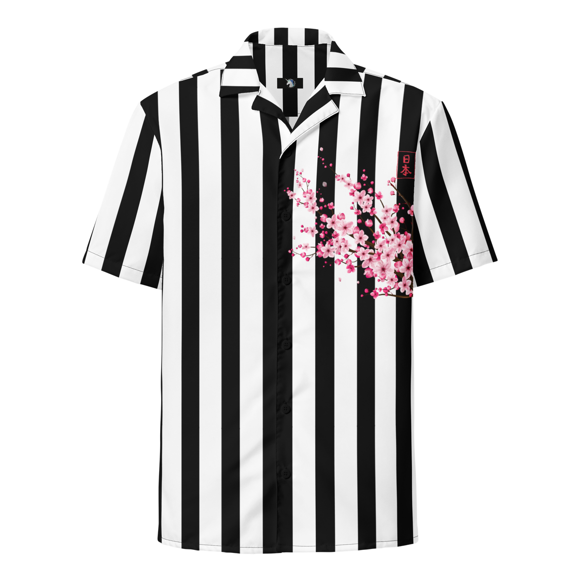 Black and White Stripes, Oversized Button Shirt, Blossom Print, Japan, Japanese Calligraphy, Fashion, Style, Versatile, Cultural, Heritage, Trendy, Classic, Elegance, Nature-inspired, Statement Piece, Unique, Fashionable, Modern, Traditional, Artistry, button up shirt