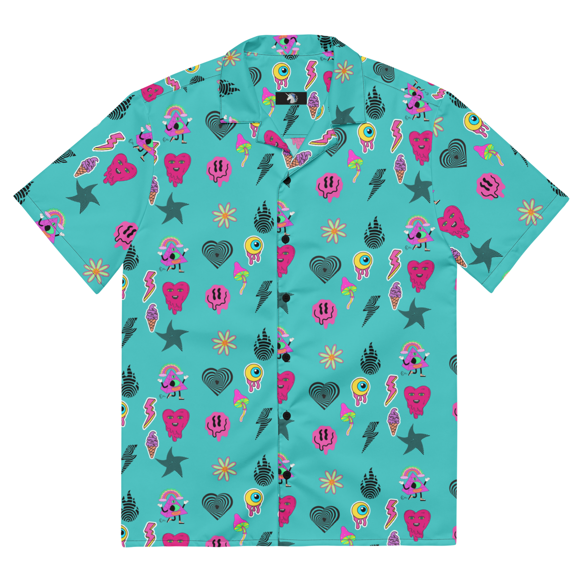 Turquoise Shirt, Oversized Button Shirt, Hot Pink Prints, Melting Hearts, Melting Smiley Faces, Melting Eyes, Psychedelic Vibes, Vibrant Fashion, Statement Piece, Unique Style, Bold Colors, Eye-catching Design, Psychedelic Print, Fashionable Shirt, Trendy Apparel, Expressive Fashion, Colorful Clothing, Stand Out Style, button up shirt