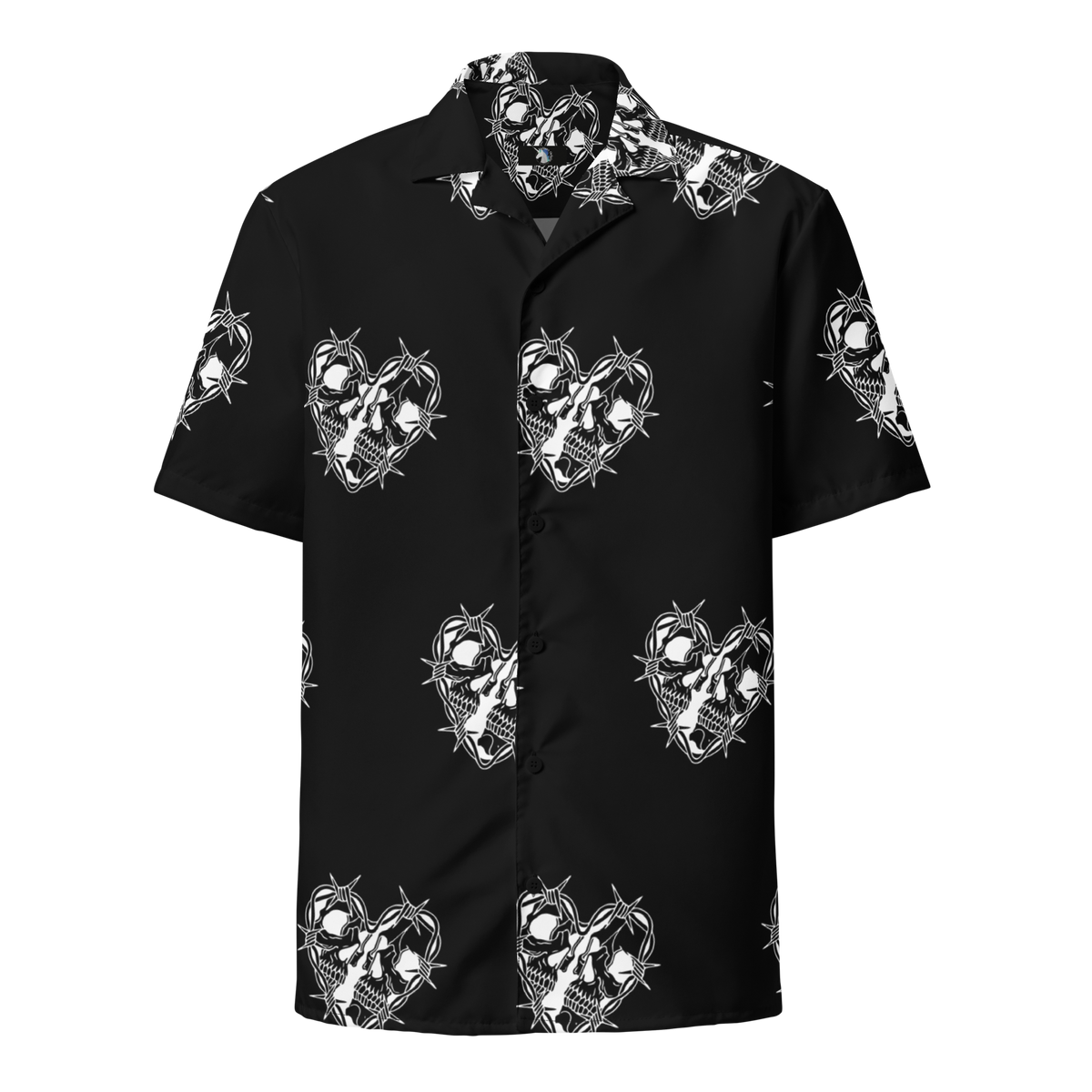Rebellious Romance, Oversized Button Shirt, Skull Print, Heart with Spines, Edgy Fashion, Romantic Style, Statement Piece, Bold Print, Urban Flair, Trendy Apparel, Unique Design, Streetwear, Fashion Forward, Skull Fashion, Heart Print Shirt, Edgy Romance, Contemporary Fashion, Eye-catching Shirt, Street Style, Urban Chic, button up shirt