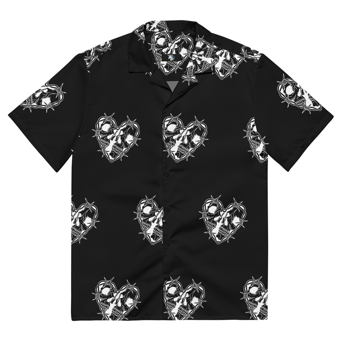 Rebellious Romance, Oversized Button Shirt, Skull Print, Heart with Spines, Edgy Fashion, Romantic Style, Statement Piece, Bold Print, Urban Flair, Trendy Apparel, Unique Design, Streetwear, Fashion Forward, Skull Fashion, Heart Print Shirt, Edgy Romance, Contemporary Fashion, Eye-catching Shirt, Street Style, Urban Chic, button up shirt