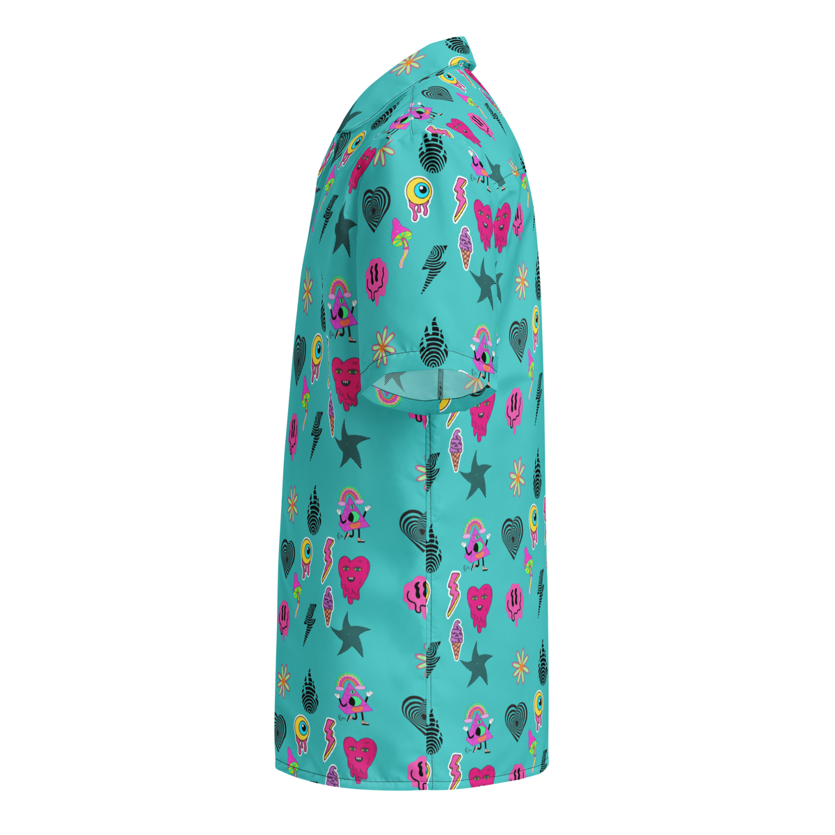 Turquoise Shirt, Oversized Button Shirt, Hot Pink Prints, Melting Hearts, Melting Smiley Faces, Melting Eyes, Psychedelic Vibes, Vibrant Fashion, Statement Piece, Unique Style, Bold Colors, Eye-catching Design, Psychedelic Print, Fashionable Shirt, Trendy Apparel, Expressive Fashion, Colorful Clothing, Stand Out Style, button up shirt