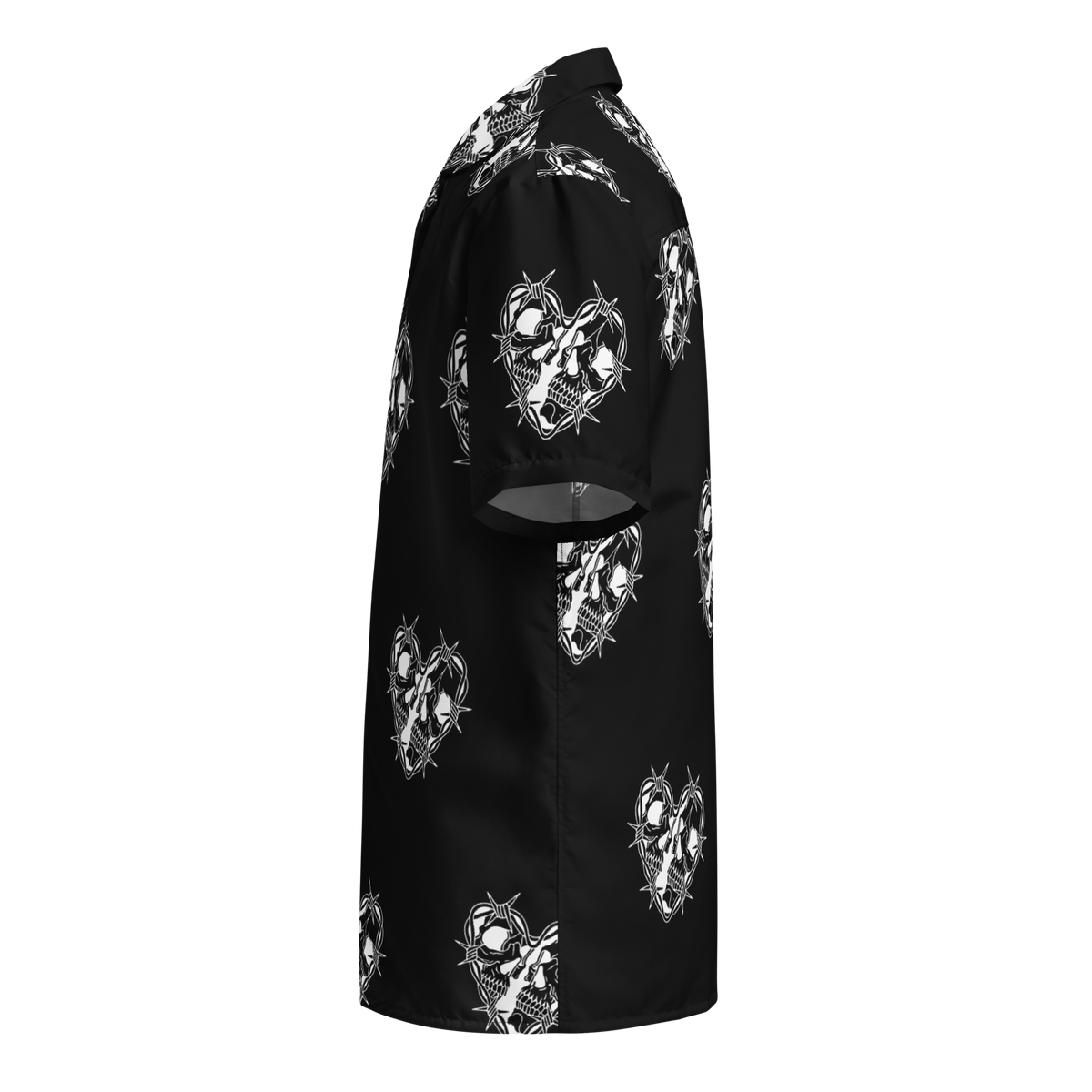 Rebellious Romance, Oversized Button Shirt, Skull Print, Heart with Spines, Edgy Fashion, Romantic Style, Statement Piece, Bold Print, Urban Flair, Trendy Apparel, Unique Design, Streetwear, Fashion Forward, Skull Fashion, Heart Print Shirt, Edgy Romance, Contemporary Fashion, Eye-catching Shirt, Street Style, Urban Chic, button up shirt