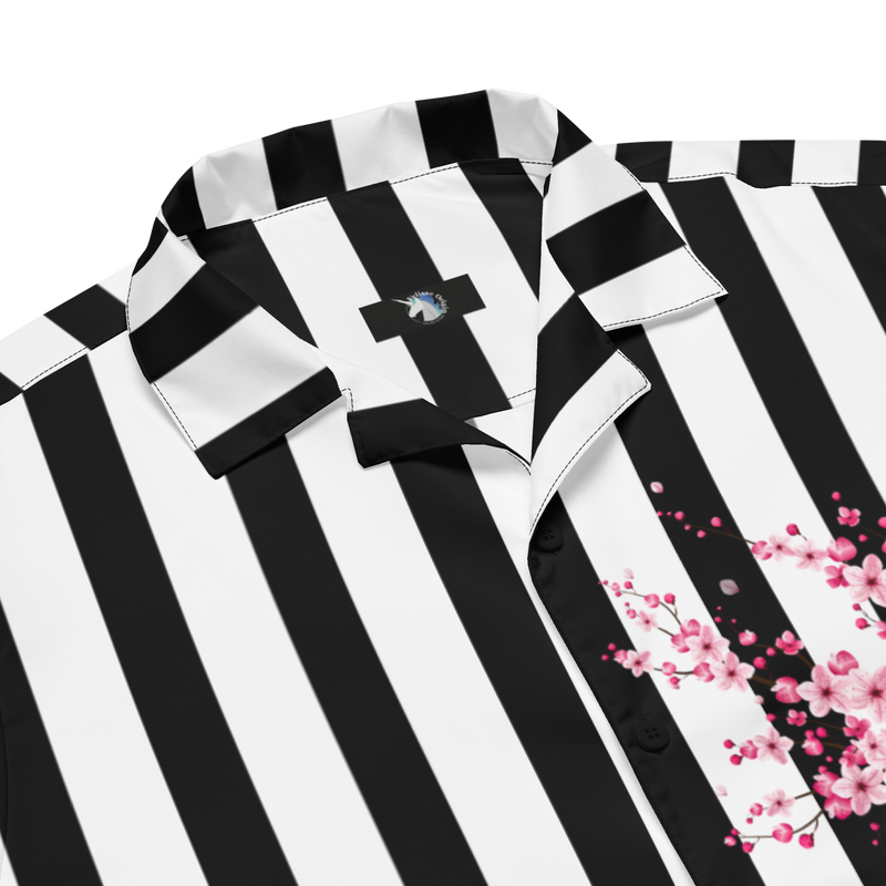 Black and White Stripes, Oversized Button Shirt, Blossom Print, Japan, Japanese Calligraphy, Fashion, Style, Versatile, Cultural, Heritage, Trendy, Classic, Elegance, Nature-inspired, Statement Piece, Unique, Fashionable, Modern, Traditional, Artistry, button up shirt